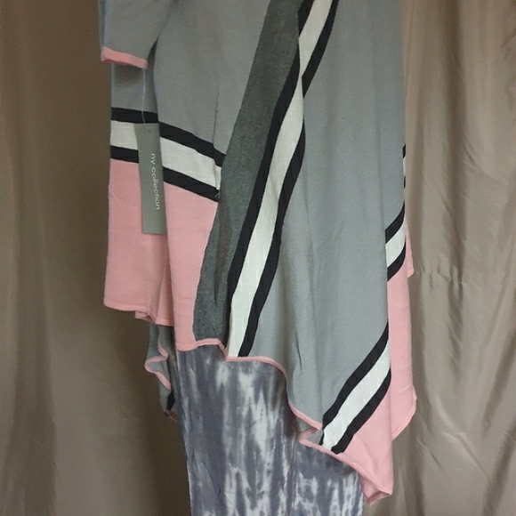NY Collection Pink & Grey Strip Short Sleeve Asymmetrical Sweater Poncho Sz Md - Picture 3 of 15
